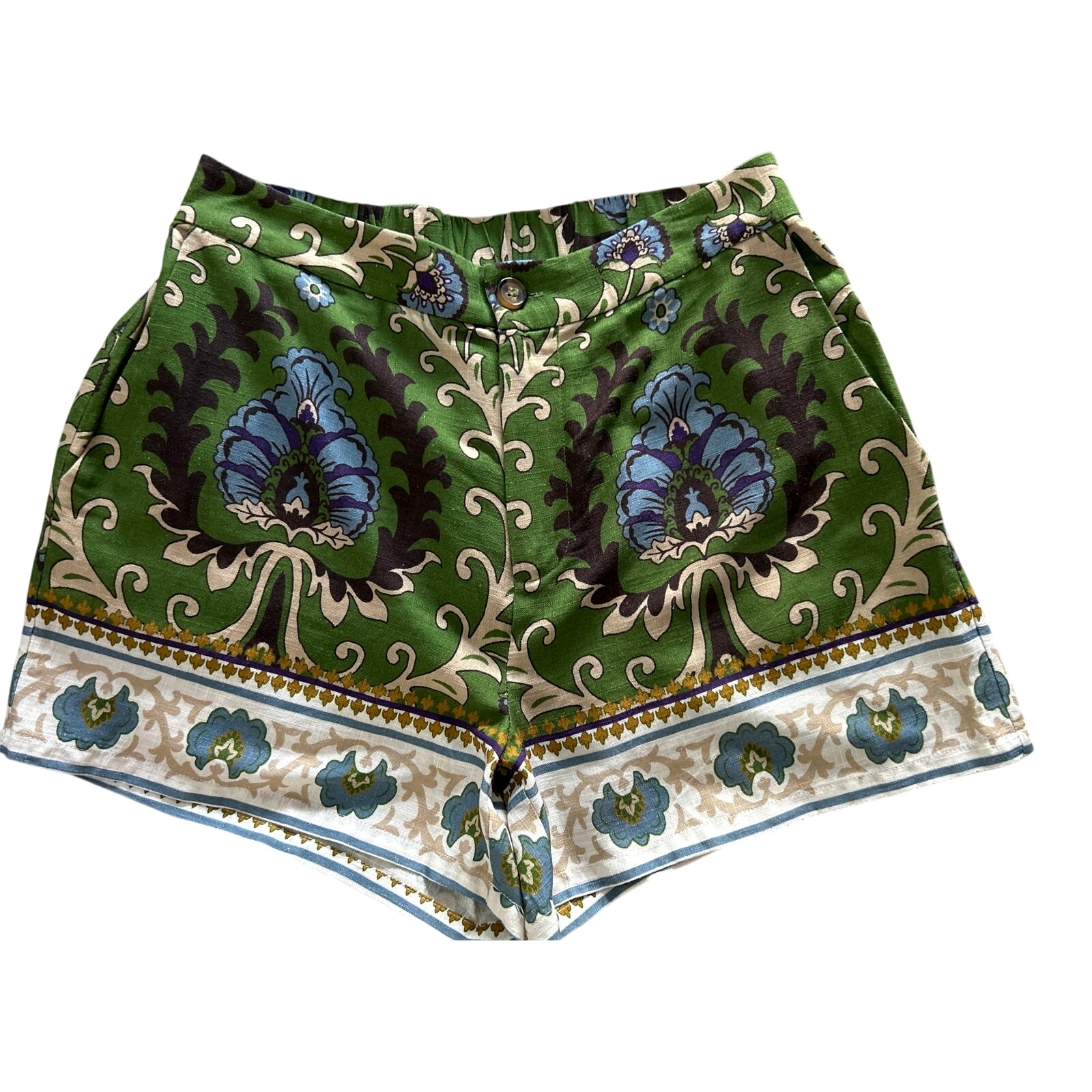Anthropology Sanctuary Linen High Rise Stylish Pattern Green Short Sz Small Nwot